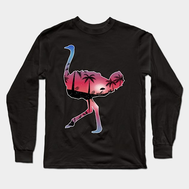 Ostrich Beautiful Sunset Beach Palm Tree Long Sleeve T-Shirt by jrgmerschmann